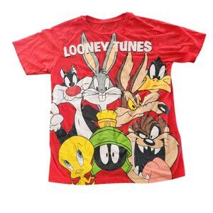 Looney Tunes T-Shirt Graphic Red‎ Cartoon Characters Bugs Tweety Taz Daffy Small